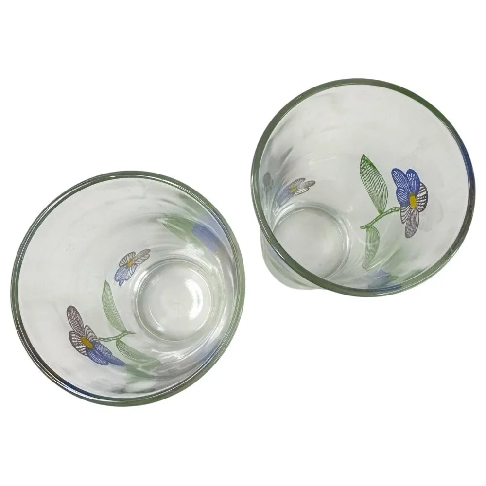 Set Of 2 Floral Glass Tumblers Blue & Purple Flowers Beverage Drinking MCM Clear